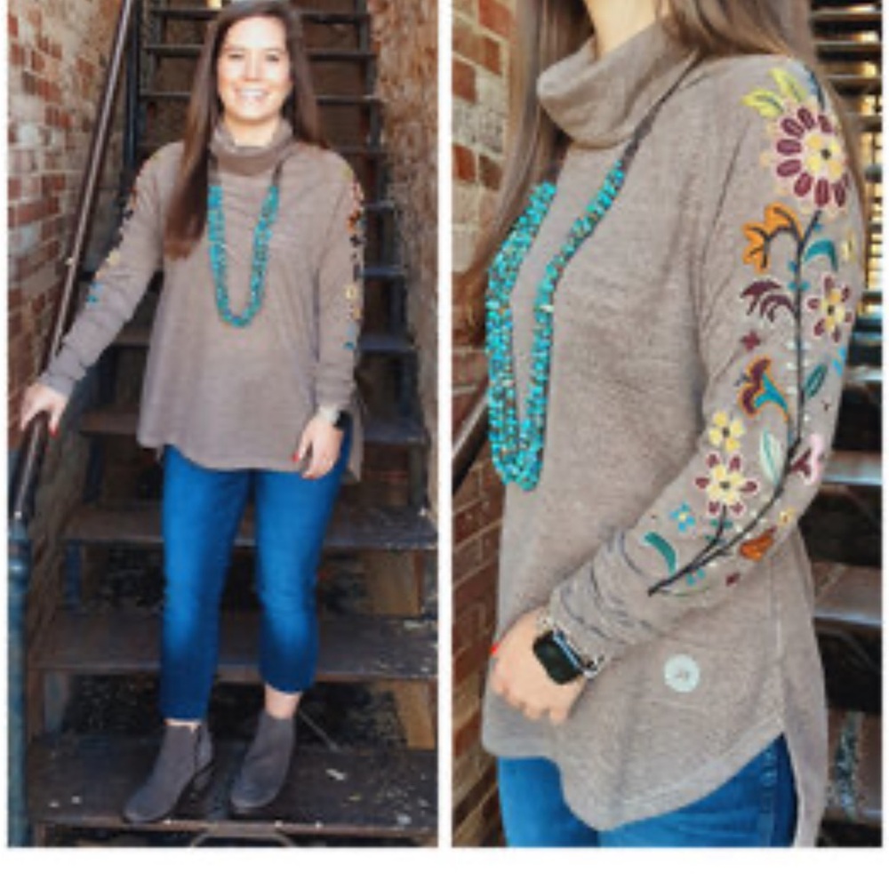 Double D Ranch Large Long Sleeve Cowl Neck Sweater Floral Embroidery Beads Fall